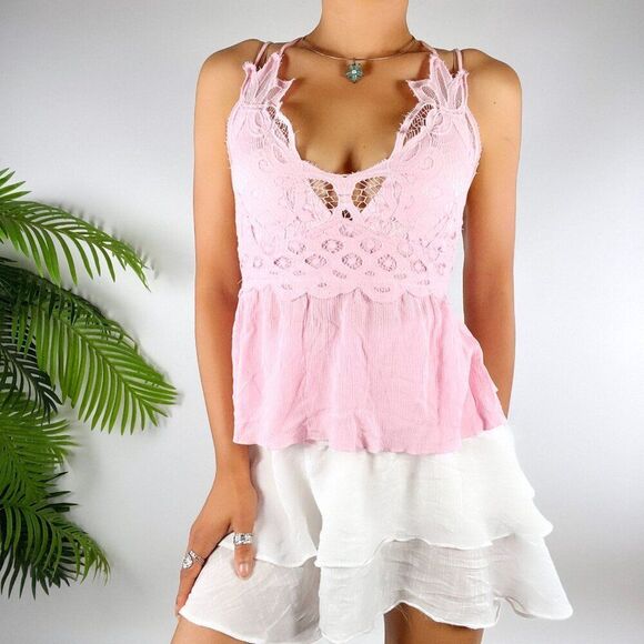 Rue21 Pink Cottagecore Coquette Barbiecore Lace Peplum Cami Tank Top / Small - Picture 1 of 6